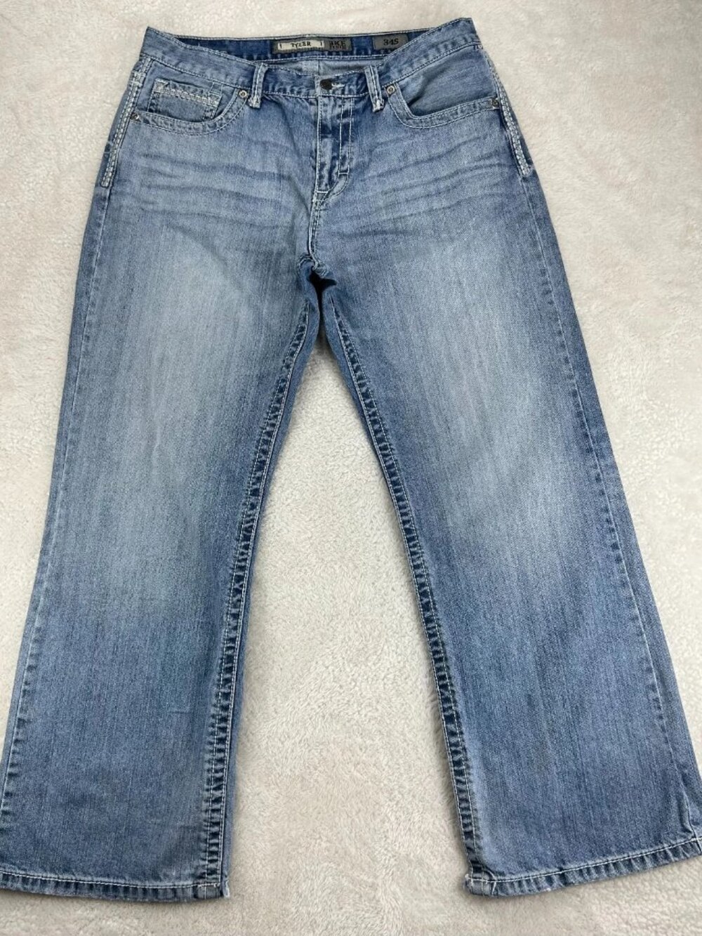 Buckle BKE Tyler Jeans Mens 34S Blue Whiskered Denim Straight Slits In Hem